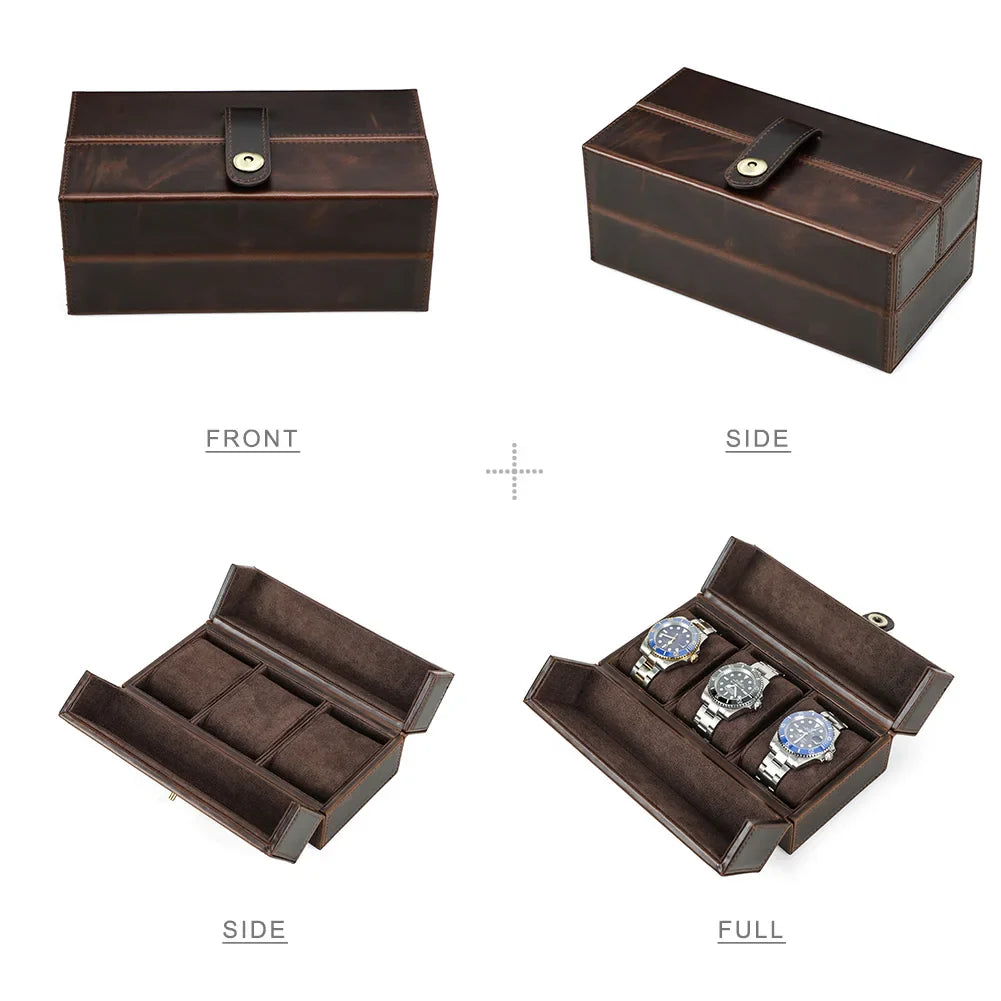 1/2/3 Slots Retro Genuine Leather Portable Watch Box with Metal Button - Luxury Watch Holder
