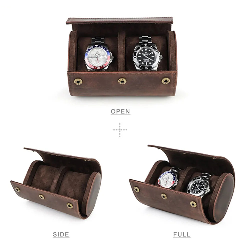 Vintage Genuine Leather 2-Slot Watch Roll Case with Metal Button Closure