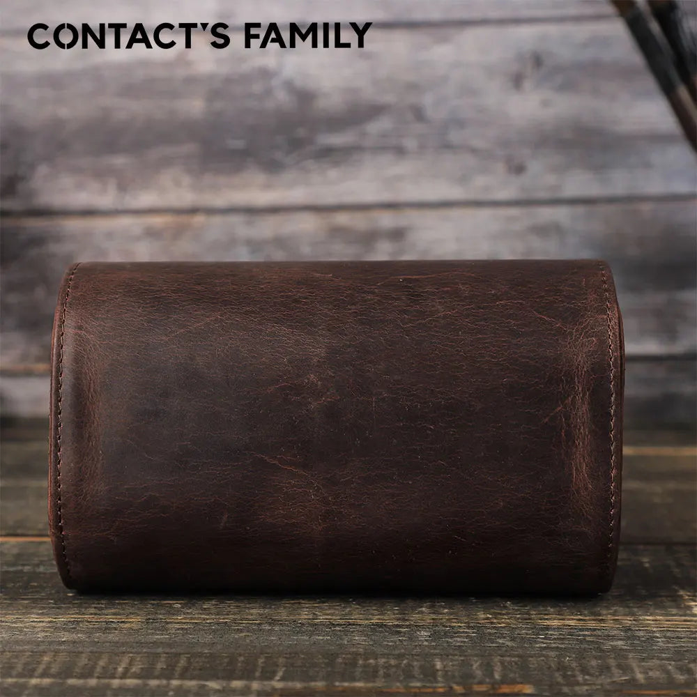 Vintage Genuine Leather 2-Slot Watch Roll Case with Metal Button Closure