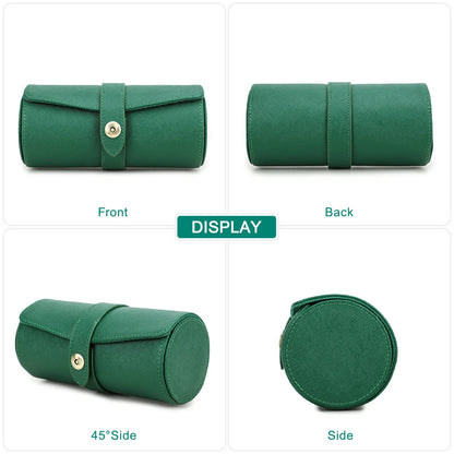 Top Green Saffiano Leather 3-Slot Watch Roll Case - Portable Travel Jewelry Organizer and Gift Box