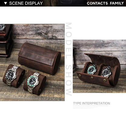 Vintage Genuine Leather 2-Slot Watch Roll Case with Metal Button Closure
