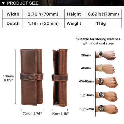 Full-Grain Oil Leather 2-Slot Watch Roll with Adjustable Case - Portable Travel Pouch with Metal Buckles and Microfiber Lining