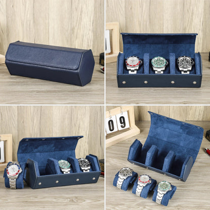 Saffiano Genuine Leather 3-Slot Watch Roll Case - Portable Hexagon Watch Storage Box