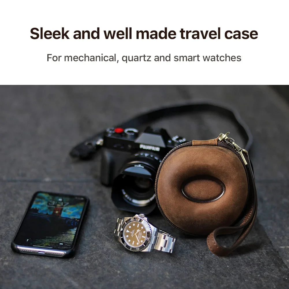 Portable Genuine Leather Single Watch Case - Donut Shape Watch Storage with Zipper