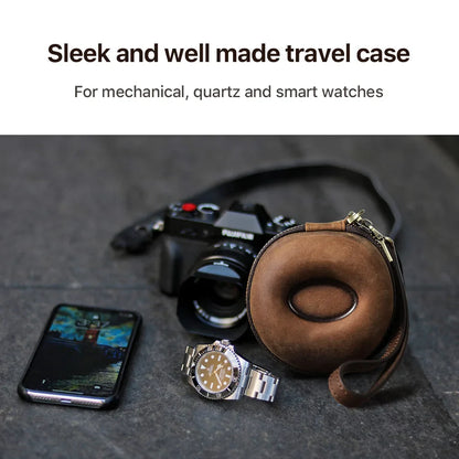 Portable Genuine Leather Single Watch Case - Donut Shape Watch Storage with Zipper