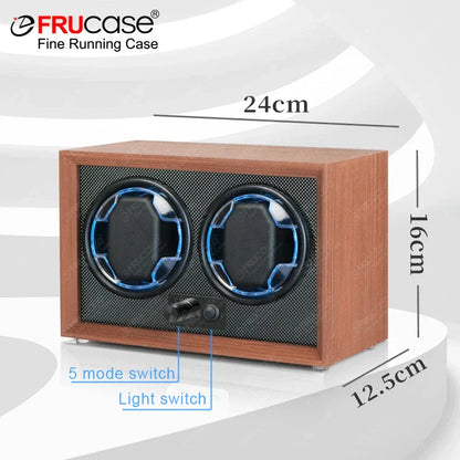 Double Watch Winder for Automatic Watches - Wood Grain Display Box with Light