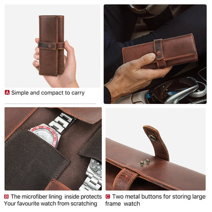 Full-Grain Oil Leather 2-Slot Watch Roll with Adjustable Case - Portable Travel Pouch with Metal Buckles and Microfiber Lining