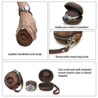 Portable Genuine Leather Single Watch Case - Donut Shape Watch Storage with Zipper