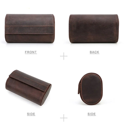 Vintage Genuine Leather 2-Slot Watch Roll Case with Metal Button Closure