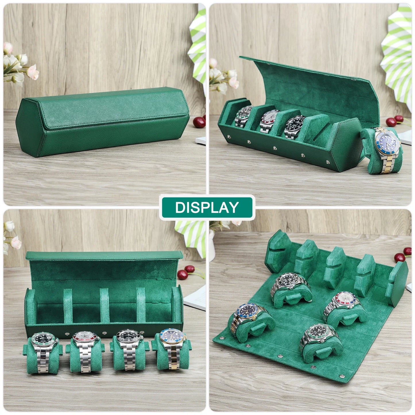 Genuine Leather 4-Slot Watch Travel Case - Portable Green Zipper Watch Box Organizer for Watches and Bracelets