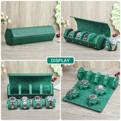 Genuine Leather 4-Slot Watch Travel Case - Portable Green Zipper Watch Box Organizer for Watches and Bracelets