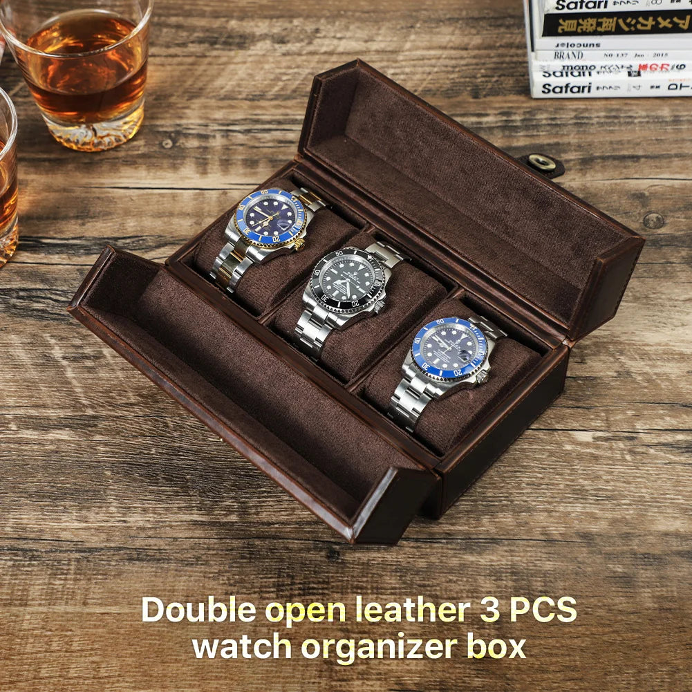 1/2/3 Slots Retro Genuine Leather Portable Watch Box with Metal Button - Luxury Watch Holder