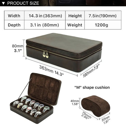 Vintage Cowhide Leather 12-Slot Watch Box - Large Capacity Watch Organizer