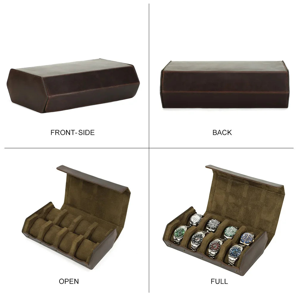 Luxury Cowhide Leather 6/8 Slots Watch Roll Box - Vintage Hexagon Watch Box