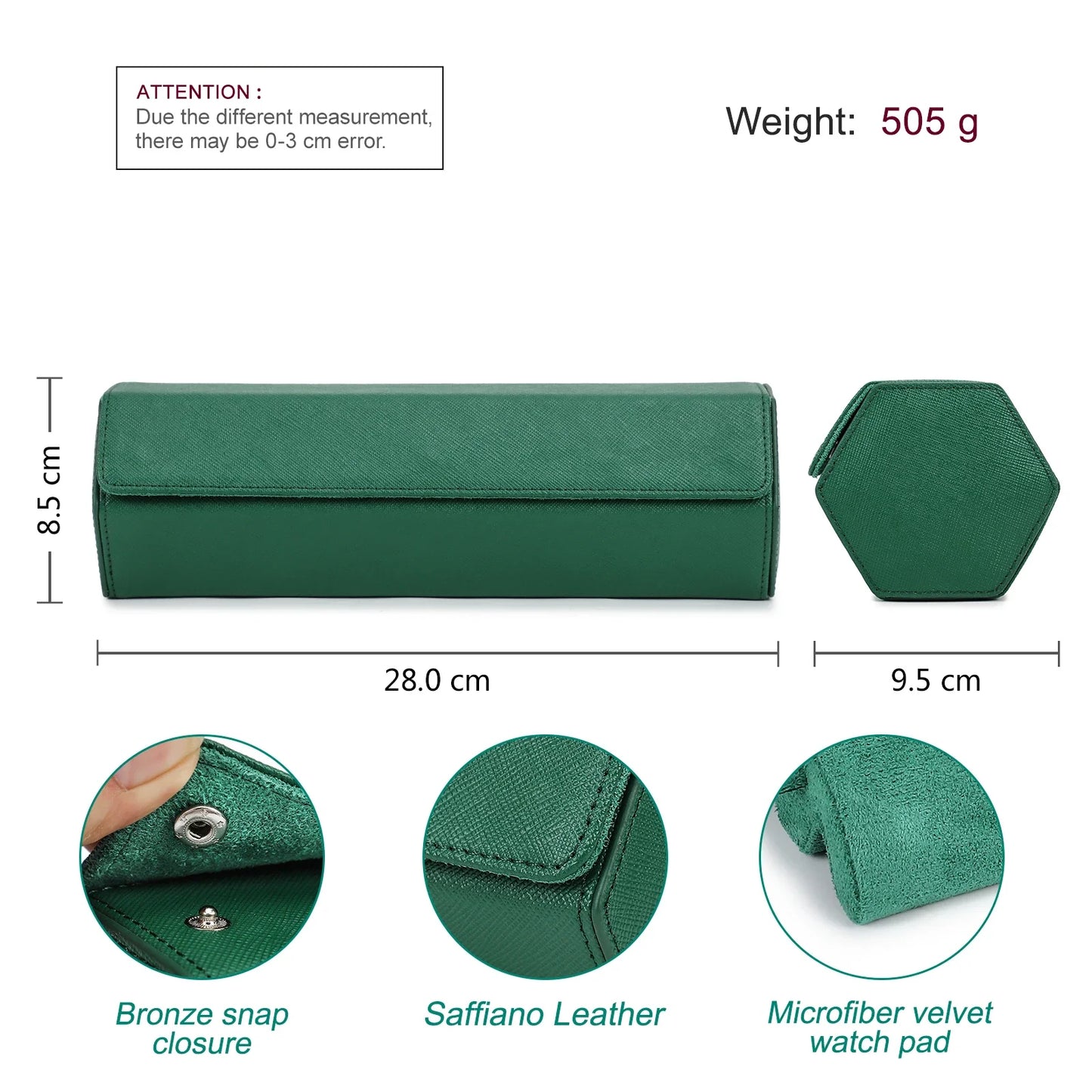 Genuine Leather 4-Slot Watch Travel Case - Portable Green Zipper Watch Box Organizer for Watches and Bracelets