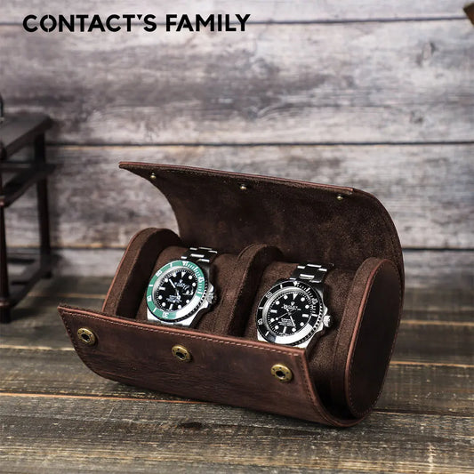 Vintage Genuine Leather 2-Slot Watch Travel Case with Metal Button Closure