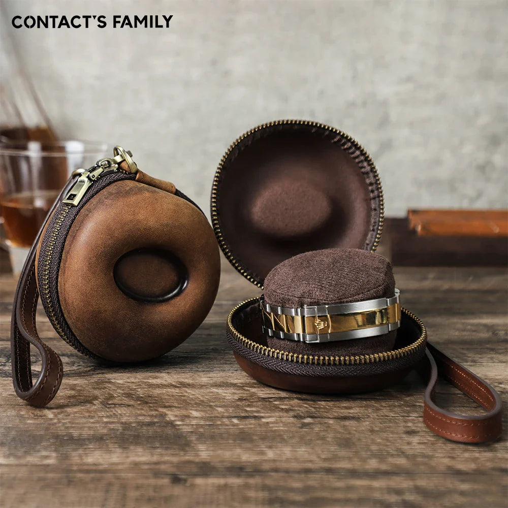 Portable Genuine Leather Single Watch Case - Donut Shape Watch Storage with Zipper