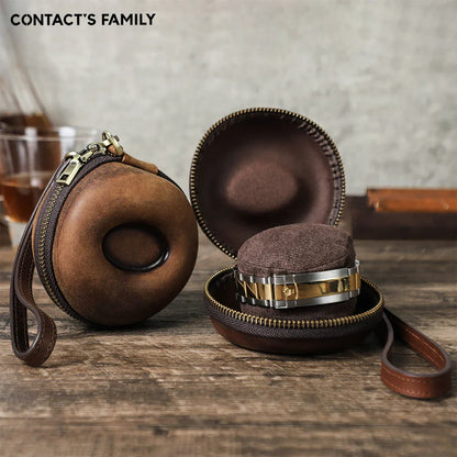 Portable Genuine Leather Single Watch Case - Donut Shape Watch Storage with Zipper