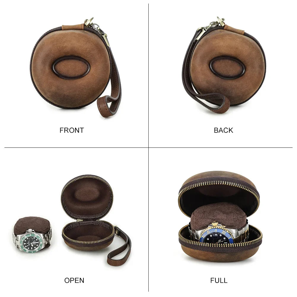 Portable Genuine Leather Single Watch Case - Donut Shape Watch Storage with Zipper