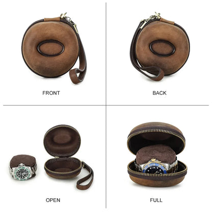 Portable Genuine Leather Single Watch Case - Donut Shape Watch Storage with Zipper