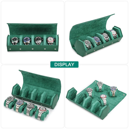 Genuine Leather 4-Slot Watch Travel Case - Portable Green Zipper Watch Box Organizer for Watches and Bracelets