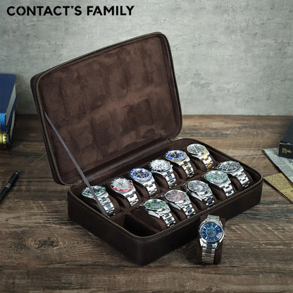 Vintage Cowhide Leather 12-Slot Watch Box - Large Capacity Watch Organizer