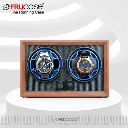 Double Watch Winder for Automatic Watches - Wood Grain Display Box with Light