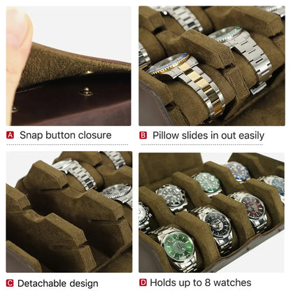Luxury Cowhide Leather 6/8 Slots Watch Roll Box - Vintage Hexagon Watch Box