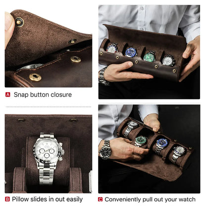 Premium Nubuck Leather 4-Slot Watch Travel Case and Multi-Functional Bracelet Display Organizer