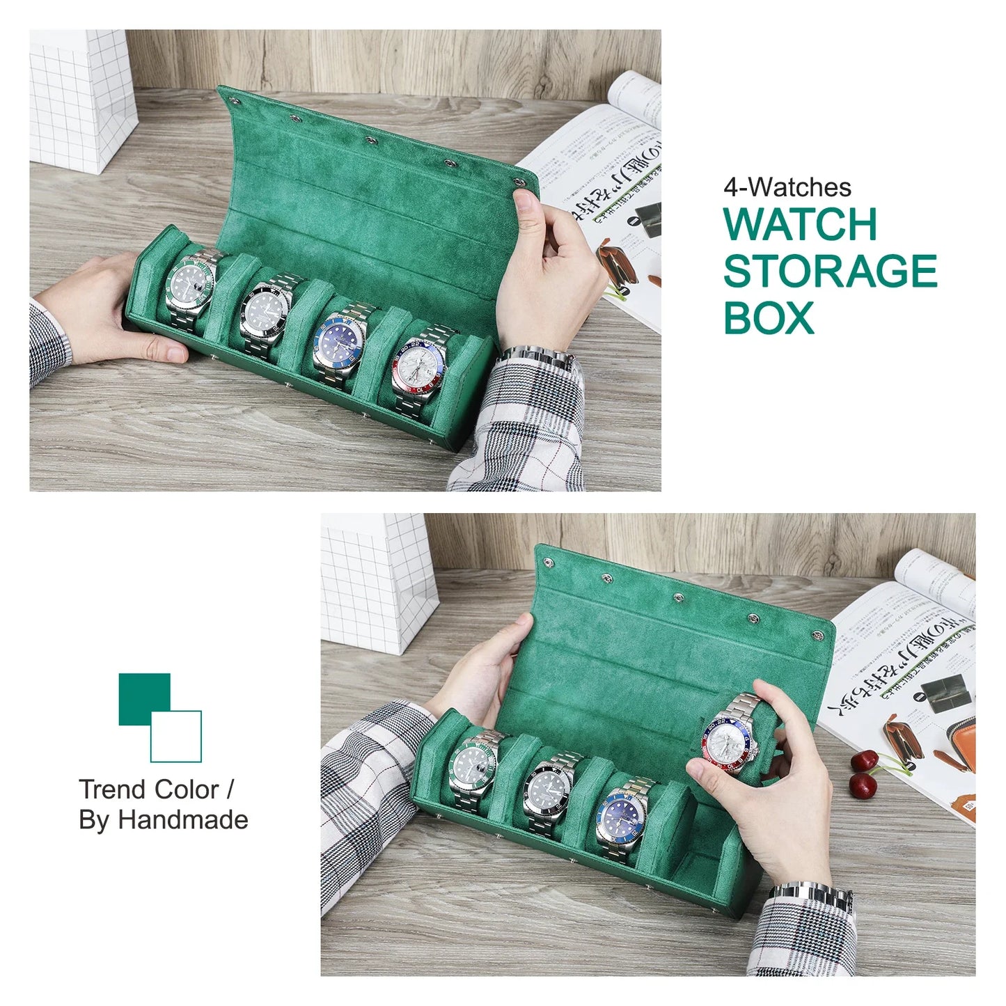 Genuine Leather 4-Slot Watch Travel Case - Portable Green Zipper Watch Box Organizer for Watches and Bracelets