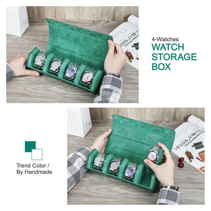 Genuine Leather 4-Slot Watch Travel Case - Portable Green Zipper Watch Box Organizer for Watches and Bracelets