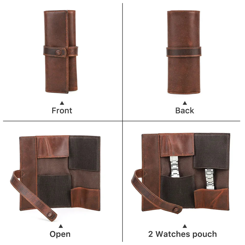 Full-Grain Oil Leather 2-Slot Watch Roll with Adjustable Case - Portable Travel Pouch with Metal Buckles and Microfiber Lining