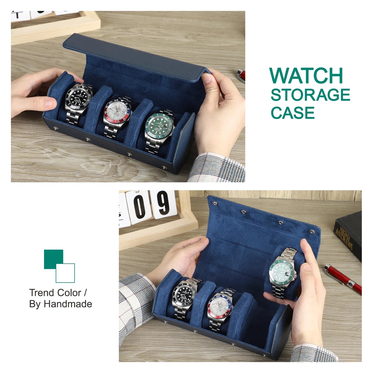 Luxury Green Genuine Leather Watch Roll - Travel Watch Case and Storage Gift Box