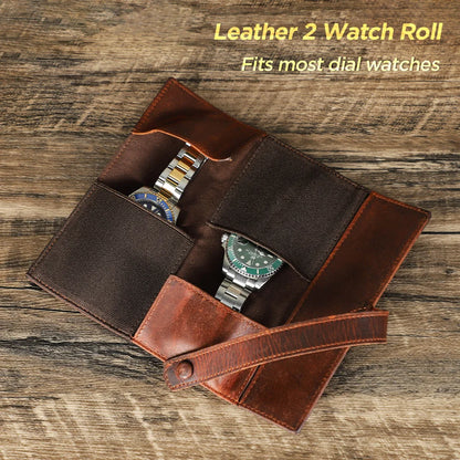 Full-Grain Oil Leather 2-Slot Watch Roll with Adjustable Case - Portable Travel Pouch with Metal Buckles and Microfiber Lining