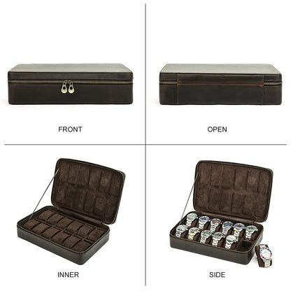 Vintage Cowhide Leather 12-Slot Watch Box - Large Capacity Watch Organizer