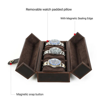 1/2/3 Slots Retro Genuine Leather Portable Watch Box with Metal Button - Luxury Watch Holder