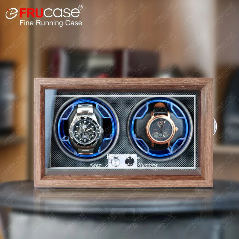 Wooden Watch Winder for 4 Automatic Watches - Wood Grain Display Box with Light