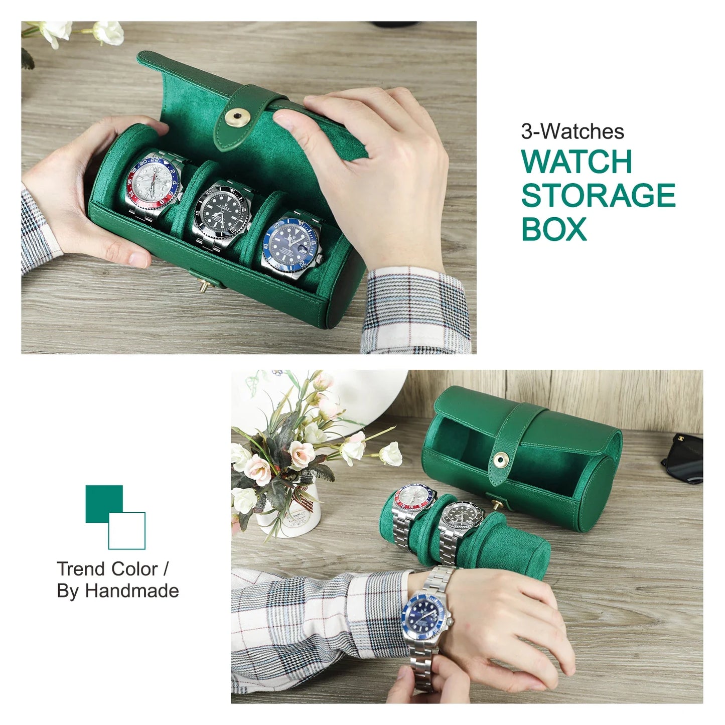 Top Green Saffiano Leather 3-Slot Watch Roll Case - Portable Travel Jewelry Organizer and Gift Box