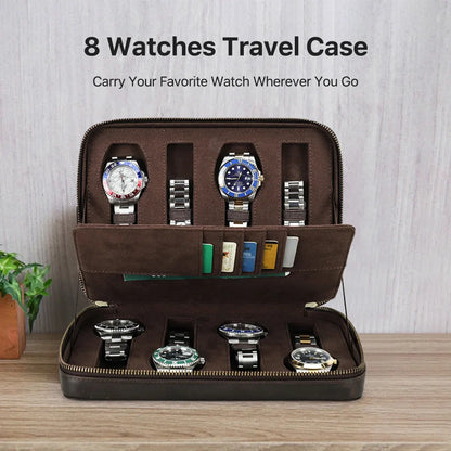 Handmade Genuine Leather Zipper Watch Box, Watch Case - 4/8 Slot Jewelry and Card Organizer