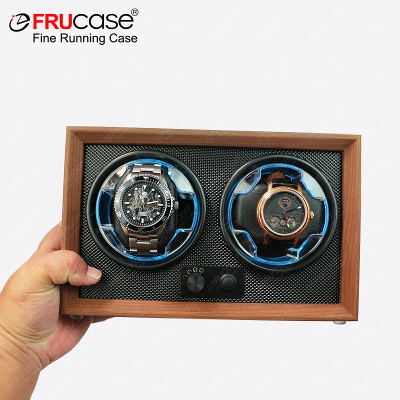 Double Watch Winder for Automatic Watches - Wood Grain Display Box with Light