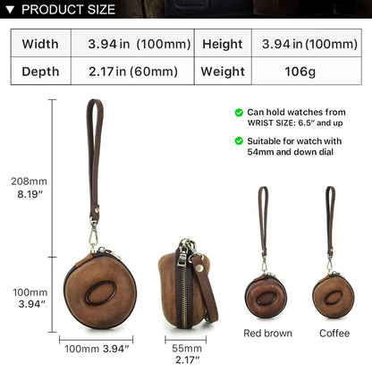 Portable Genuine Leather Single Watch Case - Donut Shape Watch Storage with Zipper