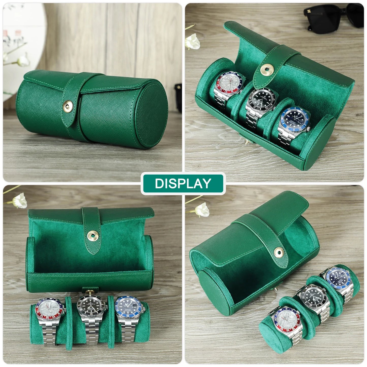 Top Green Saffiano Leather 3-Slot Watch Roll Case - Portable Travel Jewelry Organizer and Gift Box