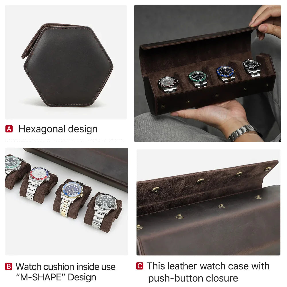 Vintage Genuine Leather Watch Roll Box - 1/2/3/4/6/8 Slot Travel Organizer and Display Holder for Men and Women