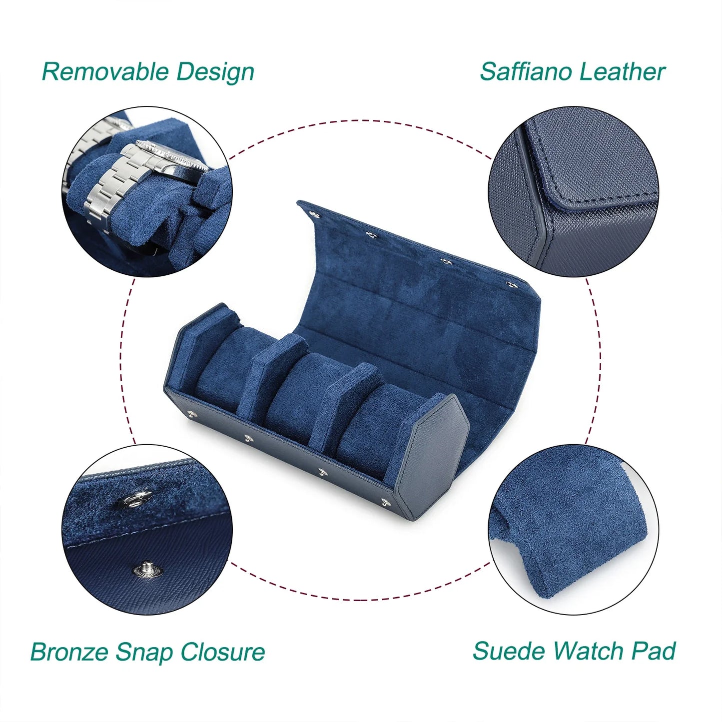 Saffiano Genuine Leather 3-Slot Watch Roll Case - Portable Hexagon Watch Storage Box