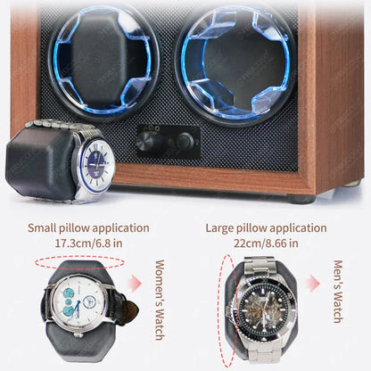 Double Watch Winder for Automatic Watches - Wood Grain Display Box with Light