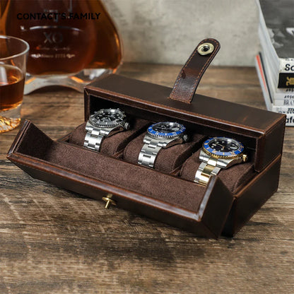 1/2/3 Slots Retro Genuine Leather Portable Watch Box with Metal Button - Luxury Watch Holder