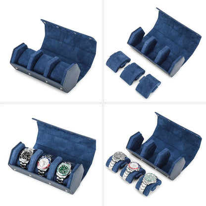 Saffiano Genuine Leather 3-Slot Watch Roll Case - Portable Hexagon Watch Storage Box