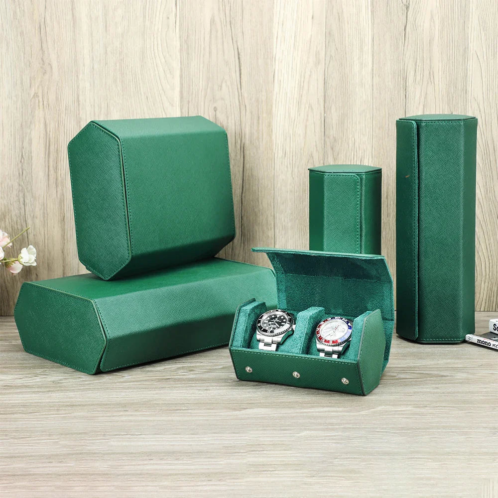 Exquisite Green Genuine Leather Hexagon Watch Display Case - 2/3/4/6/8 Slot Storage Organizer