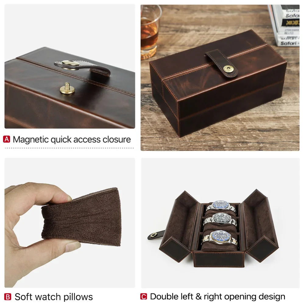 1/2/3 Slots Retro Genuine Leather Portable Watch Box with Metal Button - Luxury Watch Holder