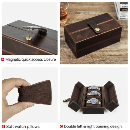 1/2/3 Slots Retro Genuine Leather Portable Watch Box with Metal Button - Luxury Watch Holder